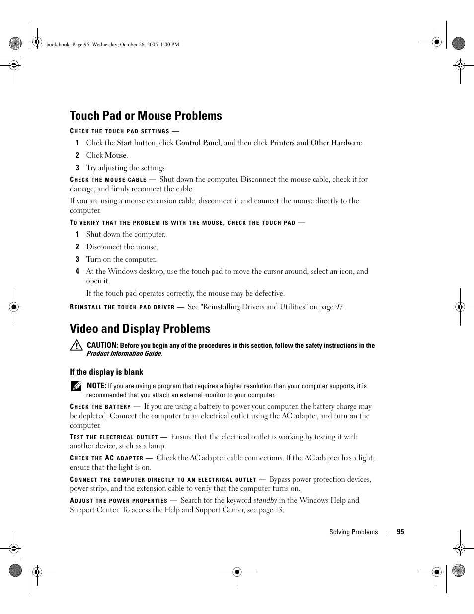 Touch pad or mouse problems, Video and display problems, If the display is blank | Dell XPS M140 (MXC051, Late 2005) User Manual | Page 95 / 180