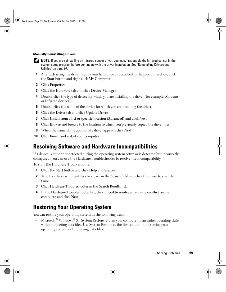 Resolving software and hardware incompatibilities, Restoring your operating system, Resolving software and hardware | Dell XPS M140 (MXC051, Late 2005) User Manual | Page 99 / 180