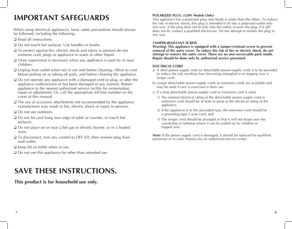 Important safeguards, Save these instructions, This product is for household use only | Black & Decker JKC680-CL User Manual | Page 5 / 11