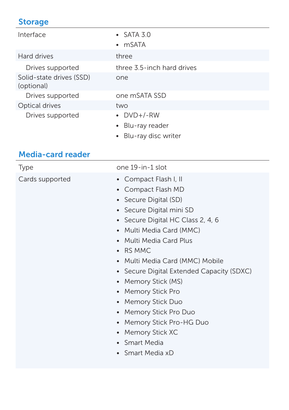 Storage, Media-card reader | Dell XPS 8700 (Mid 2013) User Manual | Page 4 / 6