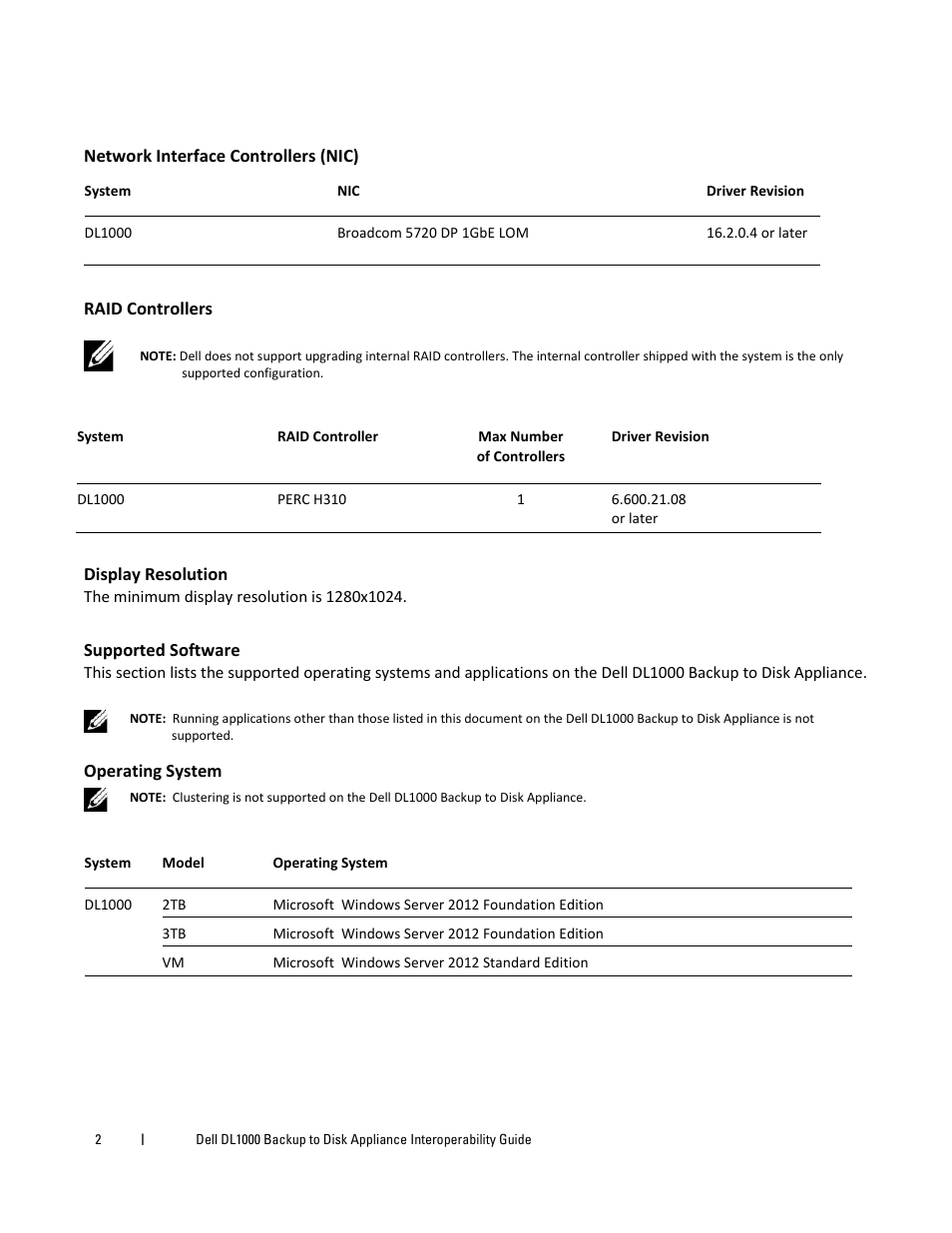 Network interface controllers (nic), Raid controllers, Display resolution | Supported software, Operating system | Dell DL1000 User Manual | Page 2 / 3