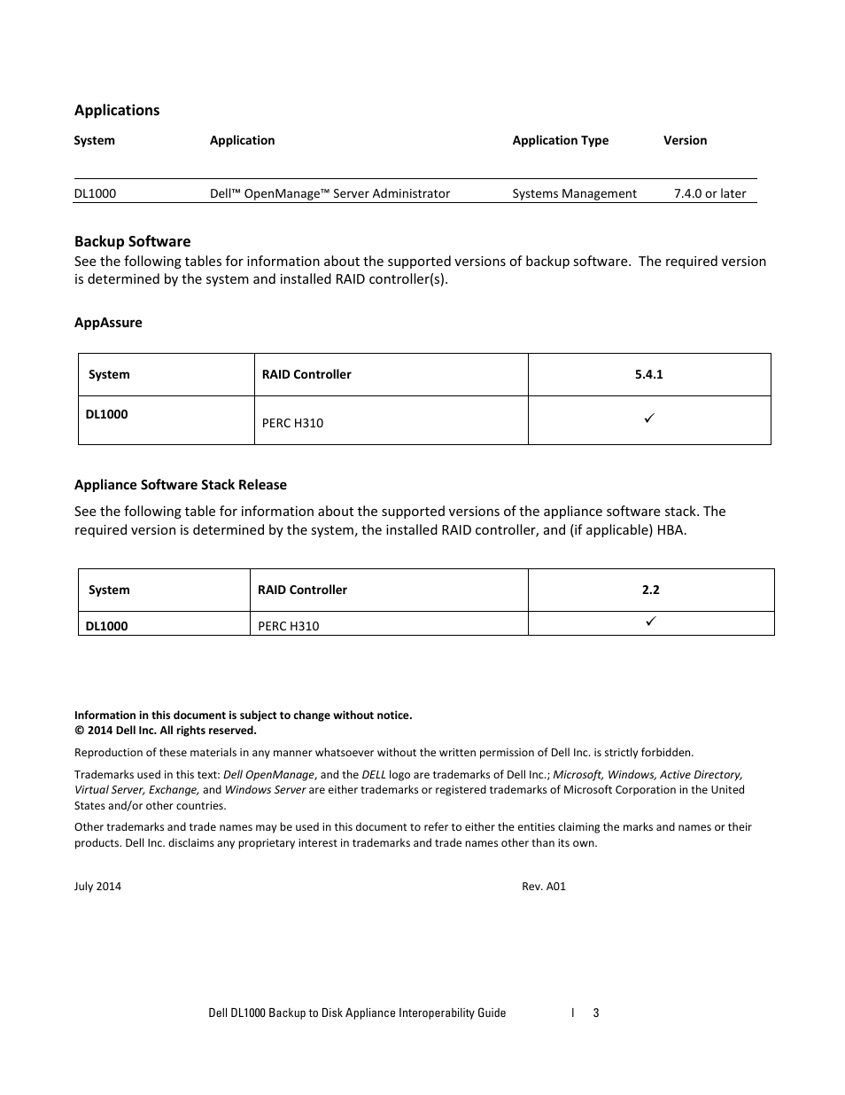 Applications, Backup software, Appassure | Dell DL1000 User Manual | Page 3 / 3