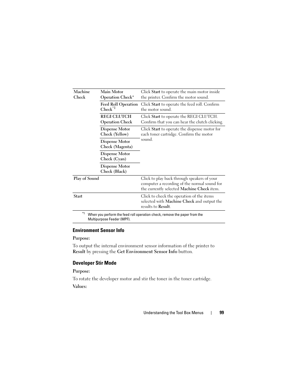 Environment sensor info, Developer stir mode | Dell 1250c Color Laser Printer User Manual | Page 101 / 174