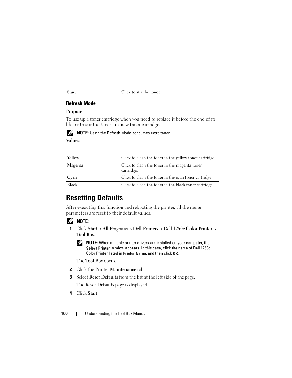 Refresh mode, Resetting defaults | Dell 1250c Color Laser Printer User Manual | Page 102 / 174