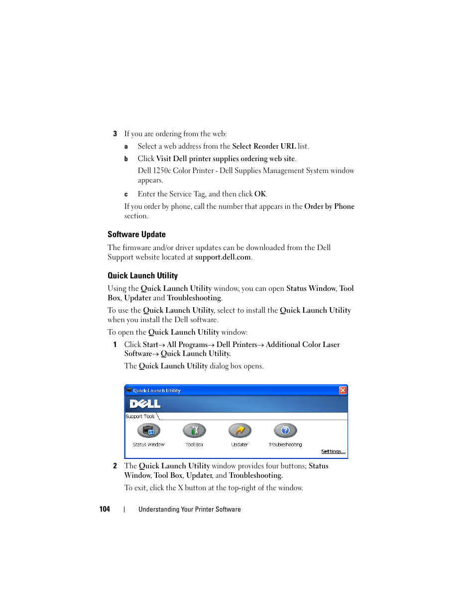 Software update, Quick launch utility | Dell 1250c Color Laser Printer User Manual | Page 106 / 174