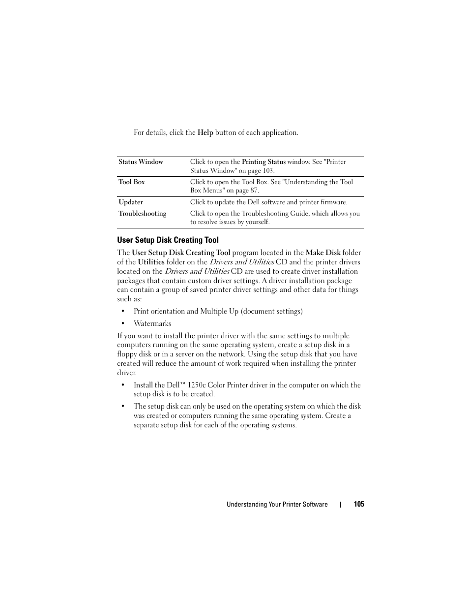 User setup disk creating tool | Dell 1250c Color Laser Printer User Manual | Page 107 / 174