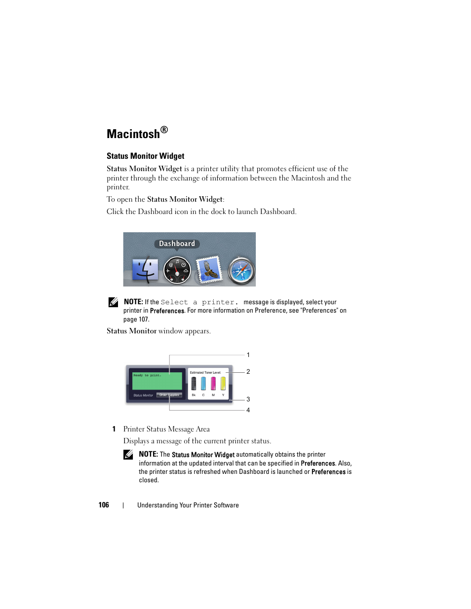 Macintosh, Status monitor widget | Dell 1250c Color Laser Printer User Manual | Page 108 / 174