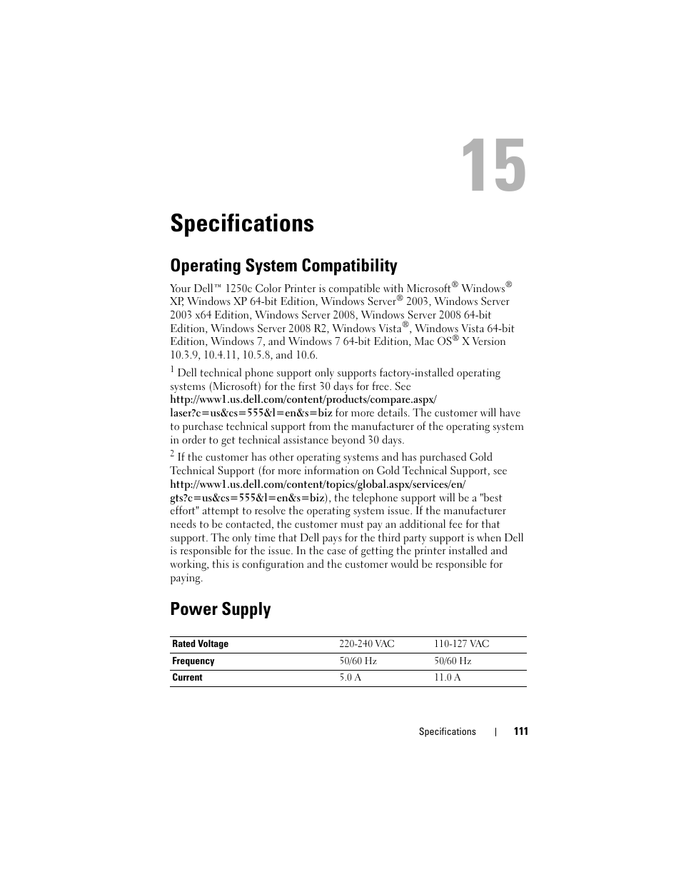 Specifications, Operating system compatibility, Power supply | Dell 1250c Color Laser Printer User Manual | Page 113 / 174