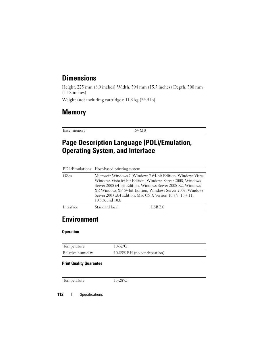 Dimensions, Memory, Environment | Dell 1250c Color Laser Printer User Manual | Page 114 / 174