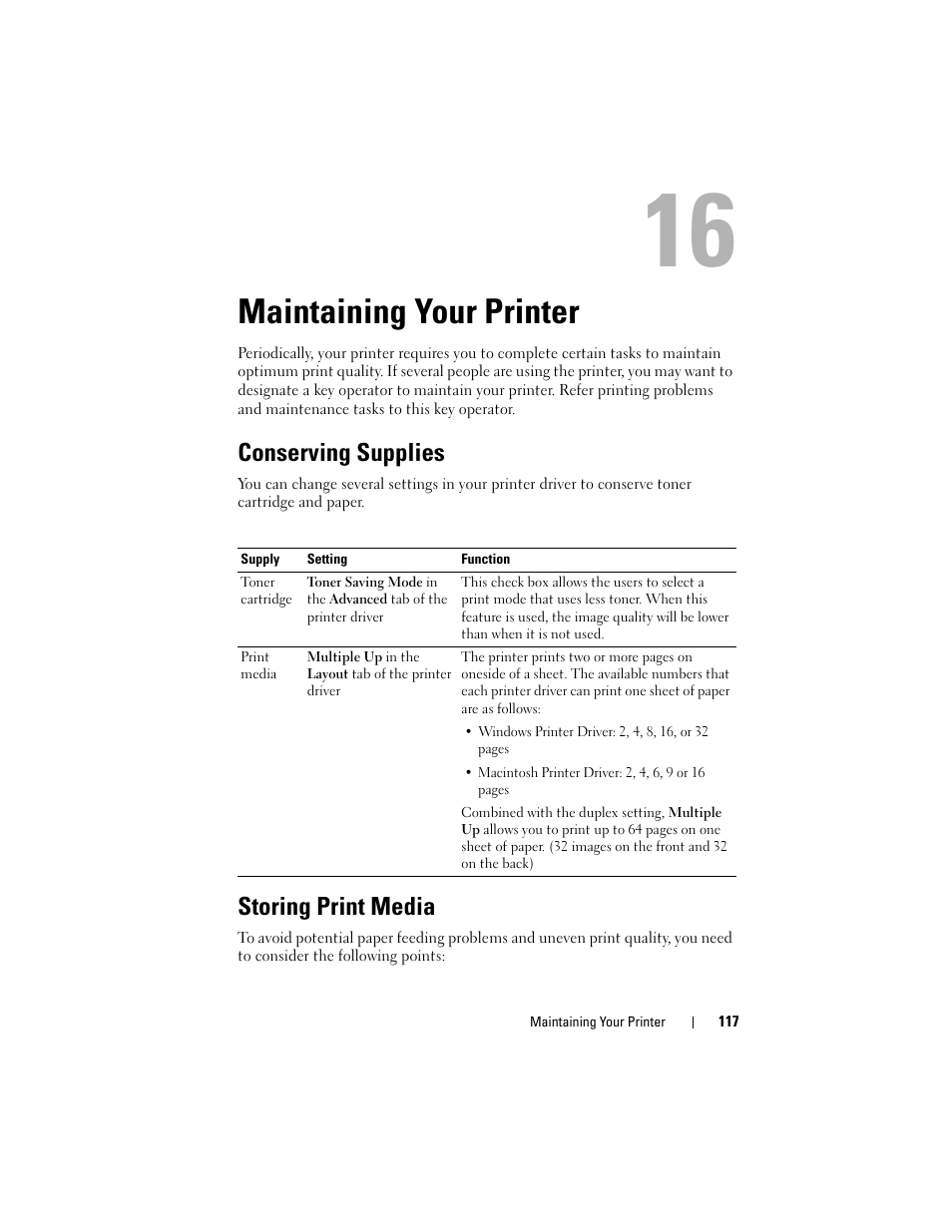 Maintaining your printer, Conserving supplies, Storing print media | See "storing print | Dell 1250c Color Laser Printer User Manual | Page 119 / 174