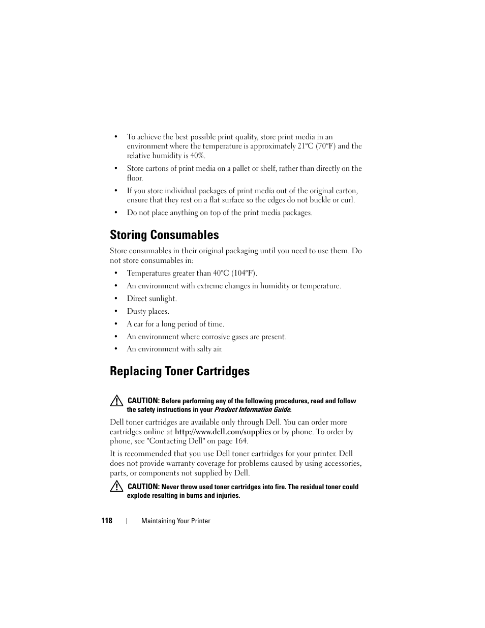 Storing consumables, Replacing toner cartridges | Dell 1250c Color Laser Printer User Manual | Page 120 / 174