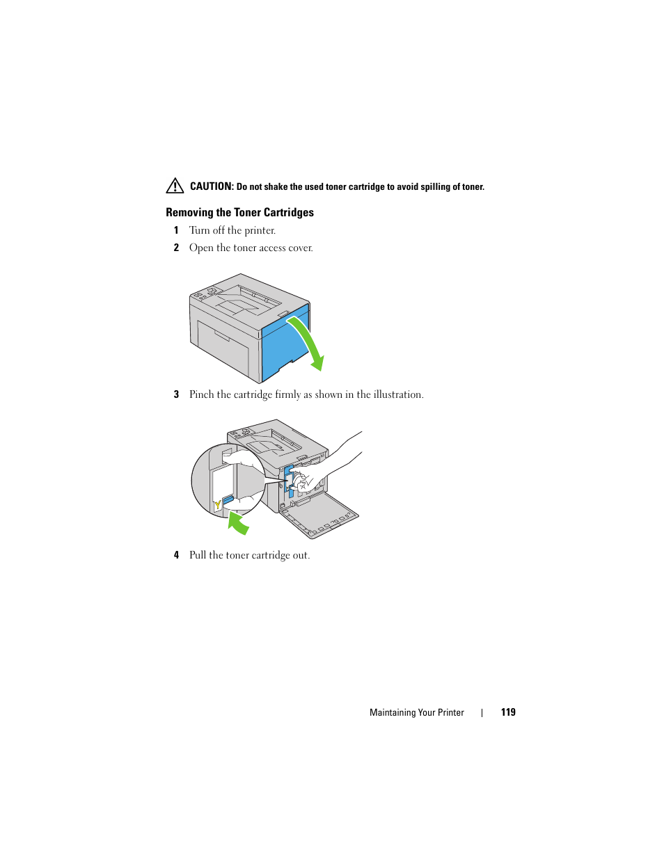 Removing the toner cartridges | Dell 1250c Color Laser Printer User Manual | Page 121 / 174