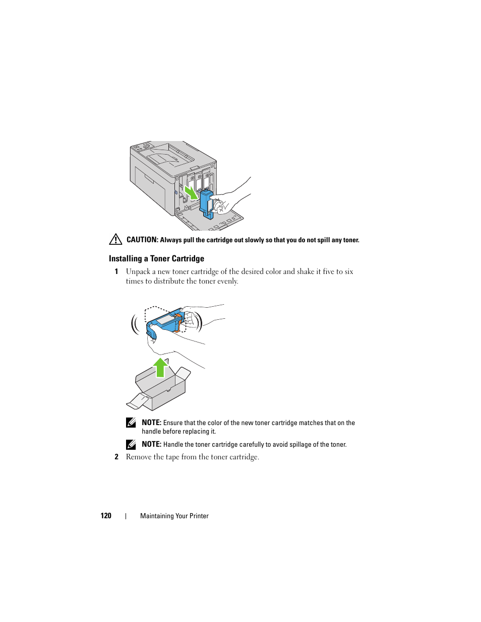 Installing a toner cartridge | Dell 1250c Color Laser Printer User Manual | Page 122 / 174