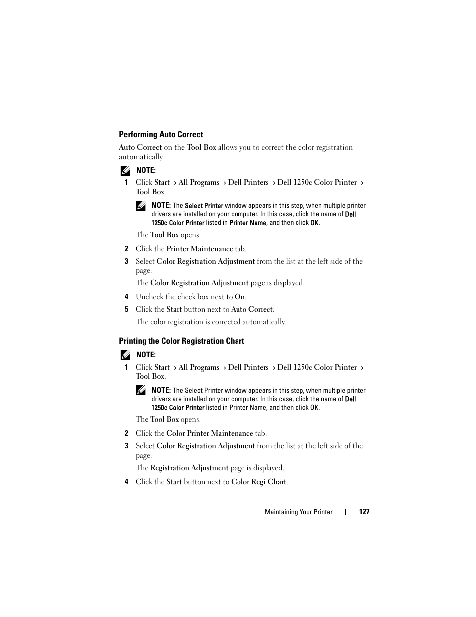 Performing auto correct, Printing the color registration chart | Dell 1250c Color Laser Printer User Manual | Page 129 / 174