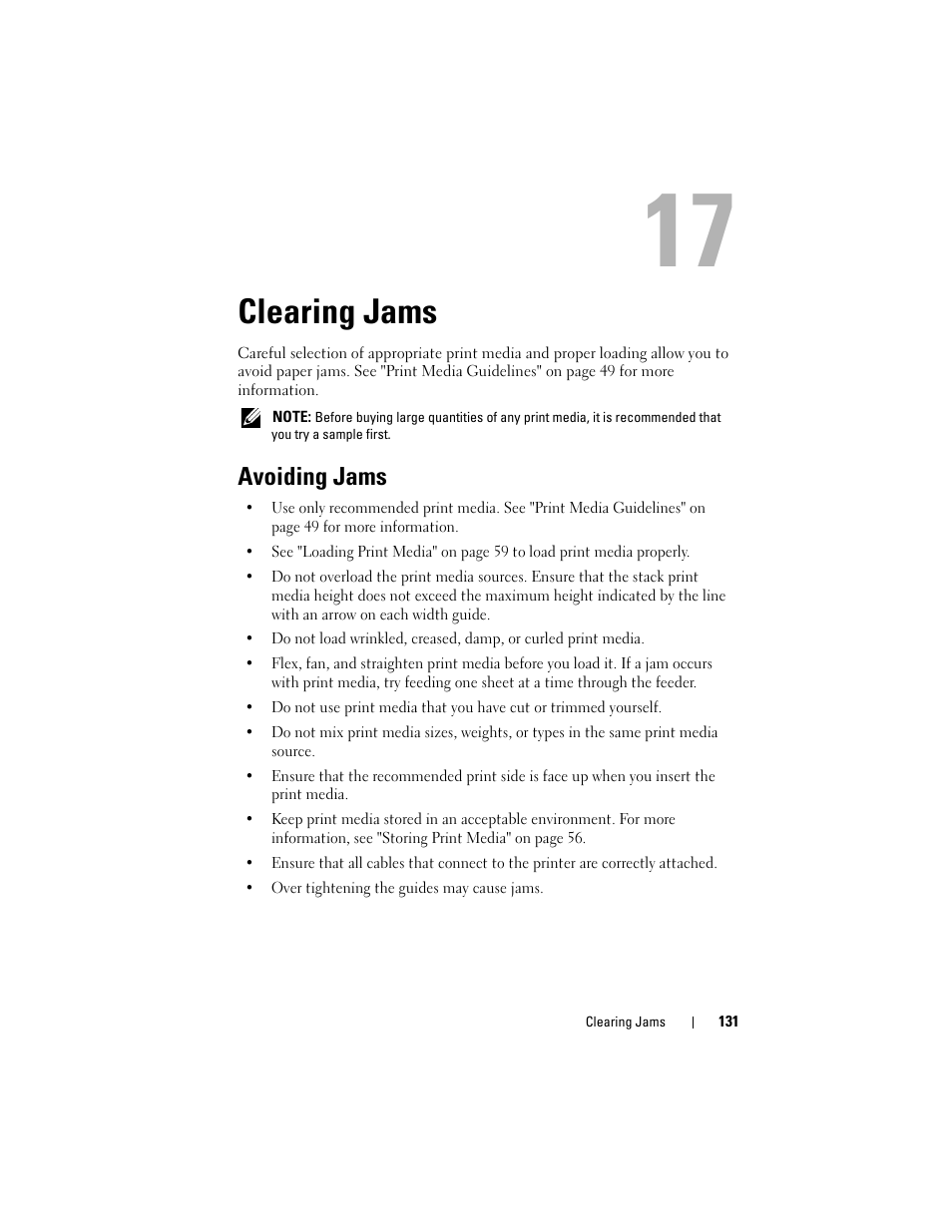 Clearing jams, Avoiding jams | Dell 1250c Color Laser Printer User Manual | Page 133 / 174