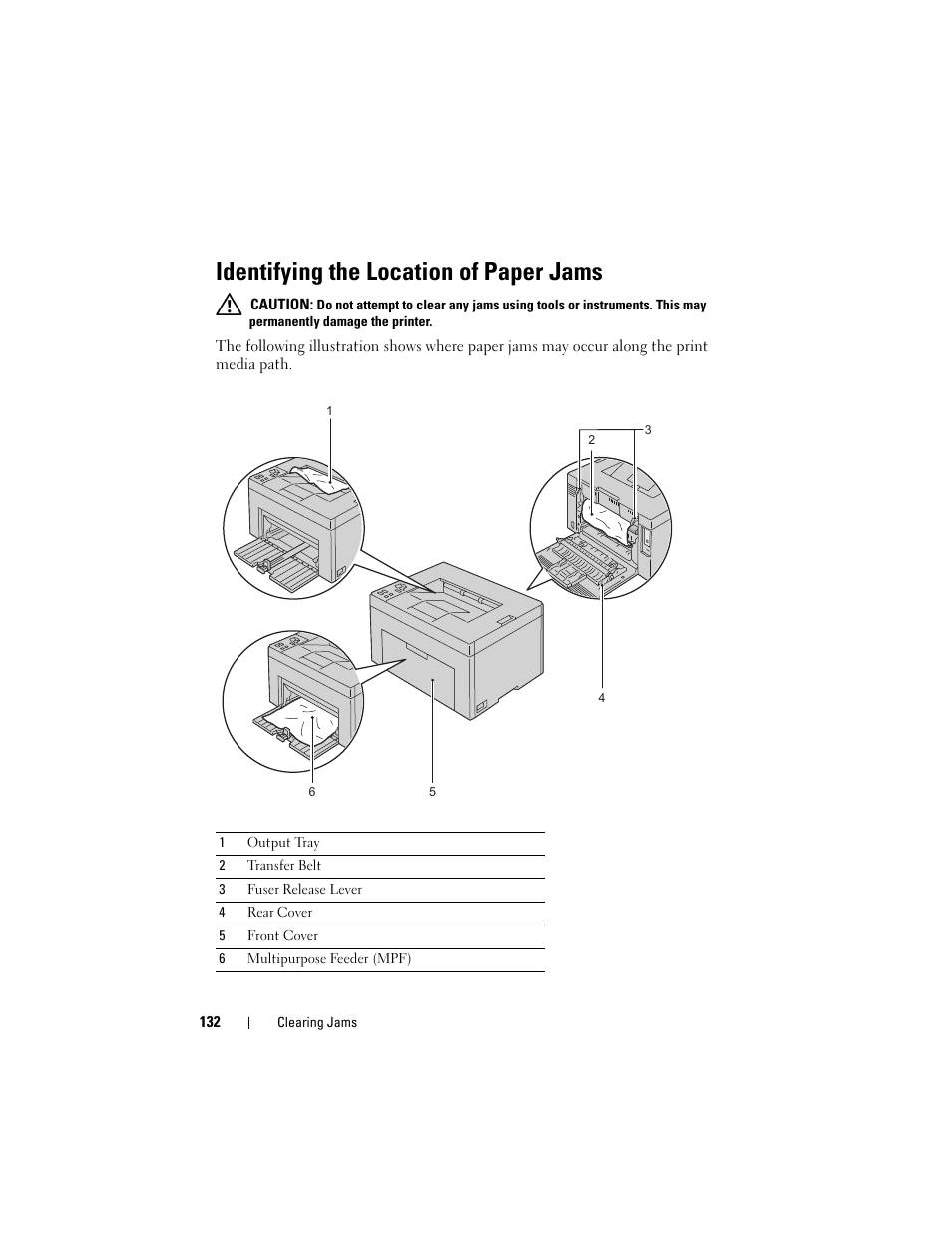 Identifying the location of paper jams | Dell 1250c Color Laser Printer User Manual | Page 134 / 174