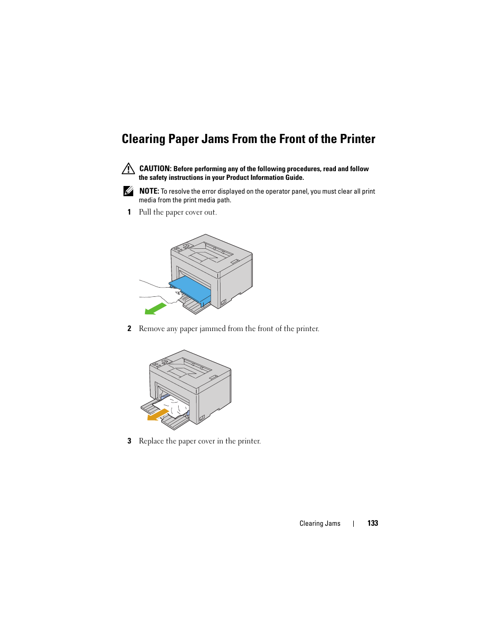 Clearing paper jams from the front of the printer | Dell 1250c Color Laser Printer User Manual | Page 135 / 174