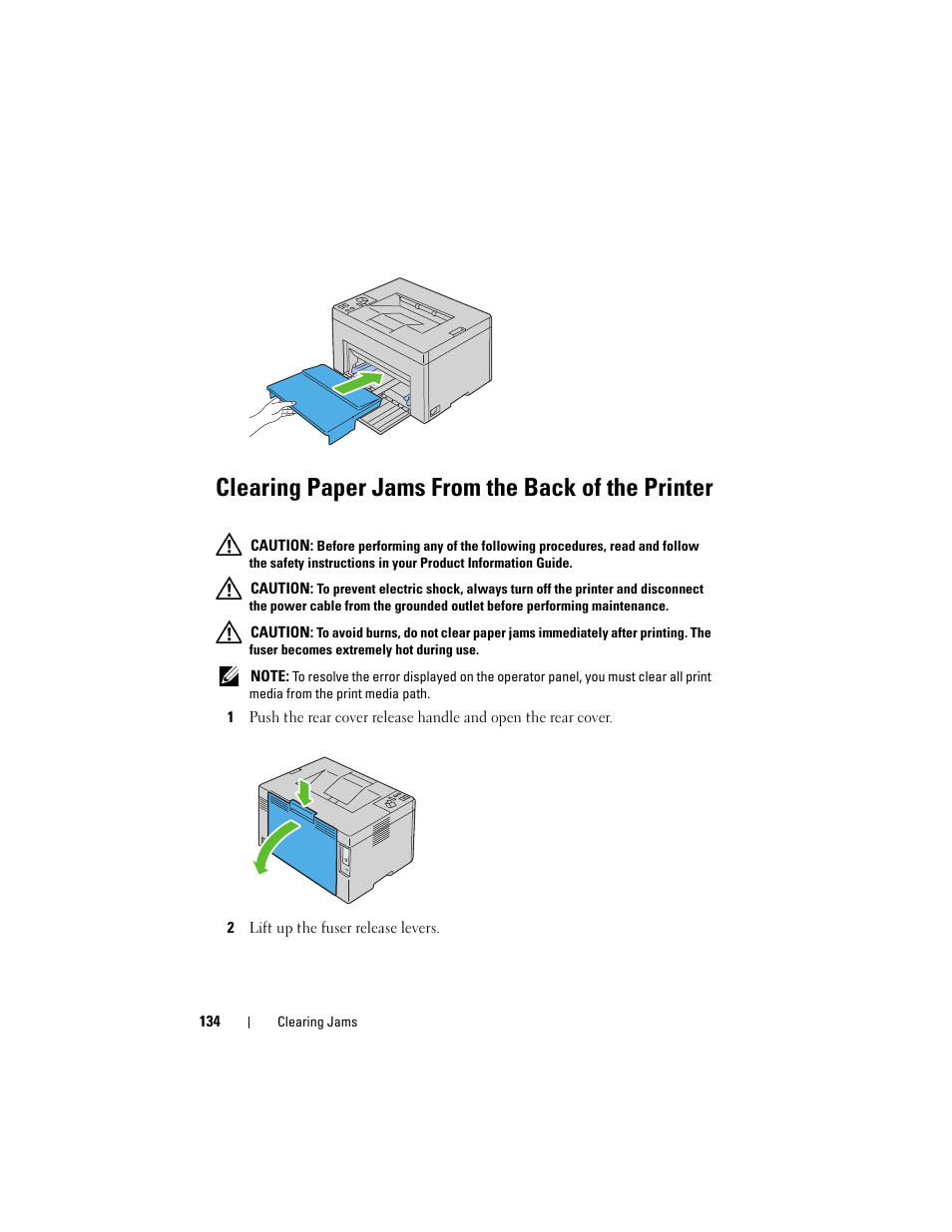 Clearing paper jams from the back of the printer | Dell 1250c Color Laser Printer User Manual | Page 136 / 174