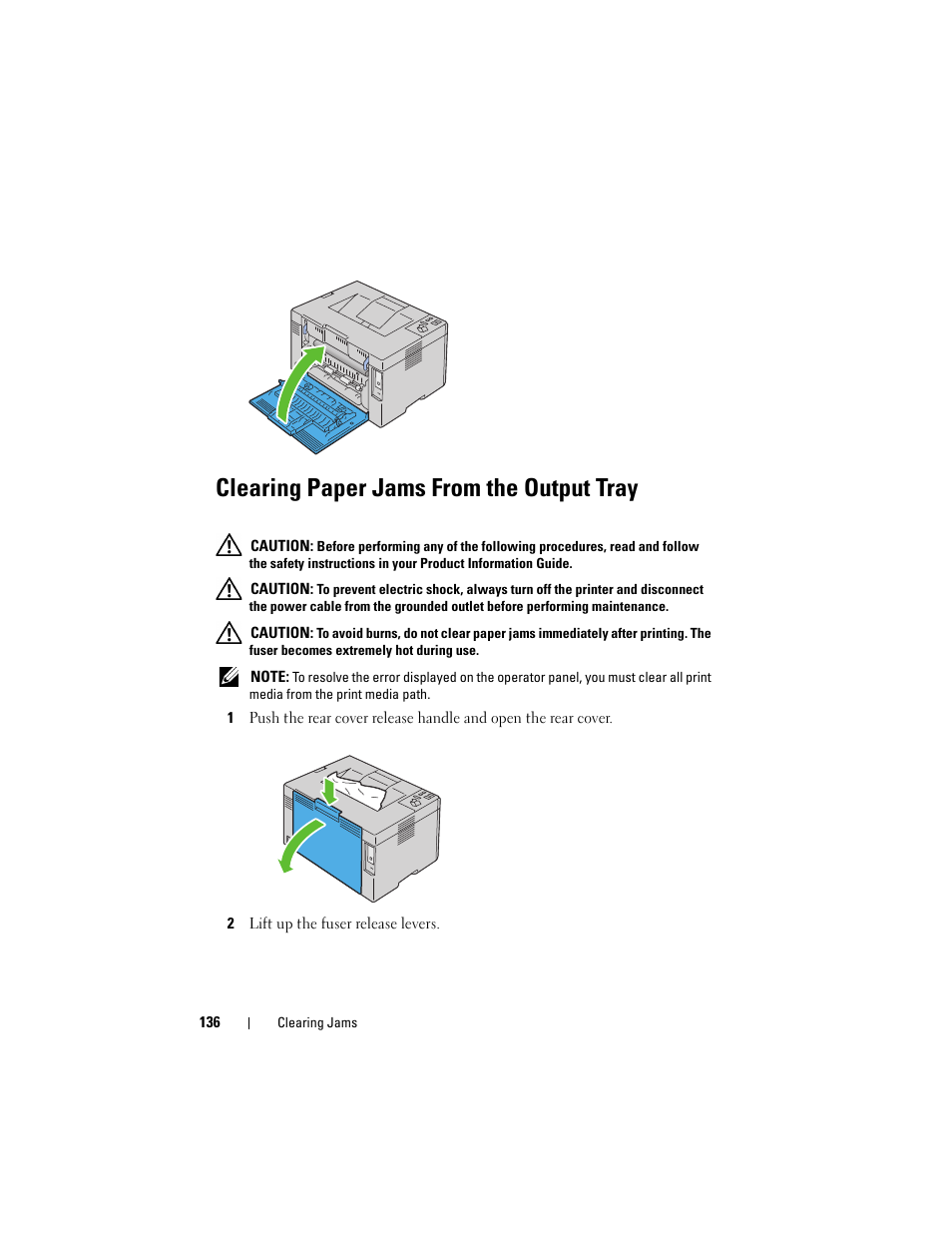 Clearing paper jams from the output tray | Dell 1250c Color Laser Printer User Manual | Page 138 / 174