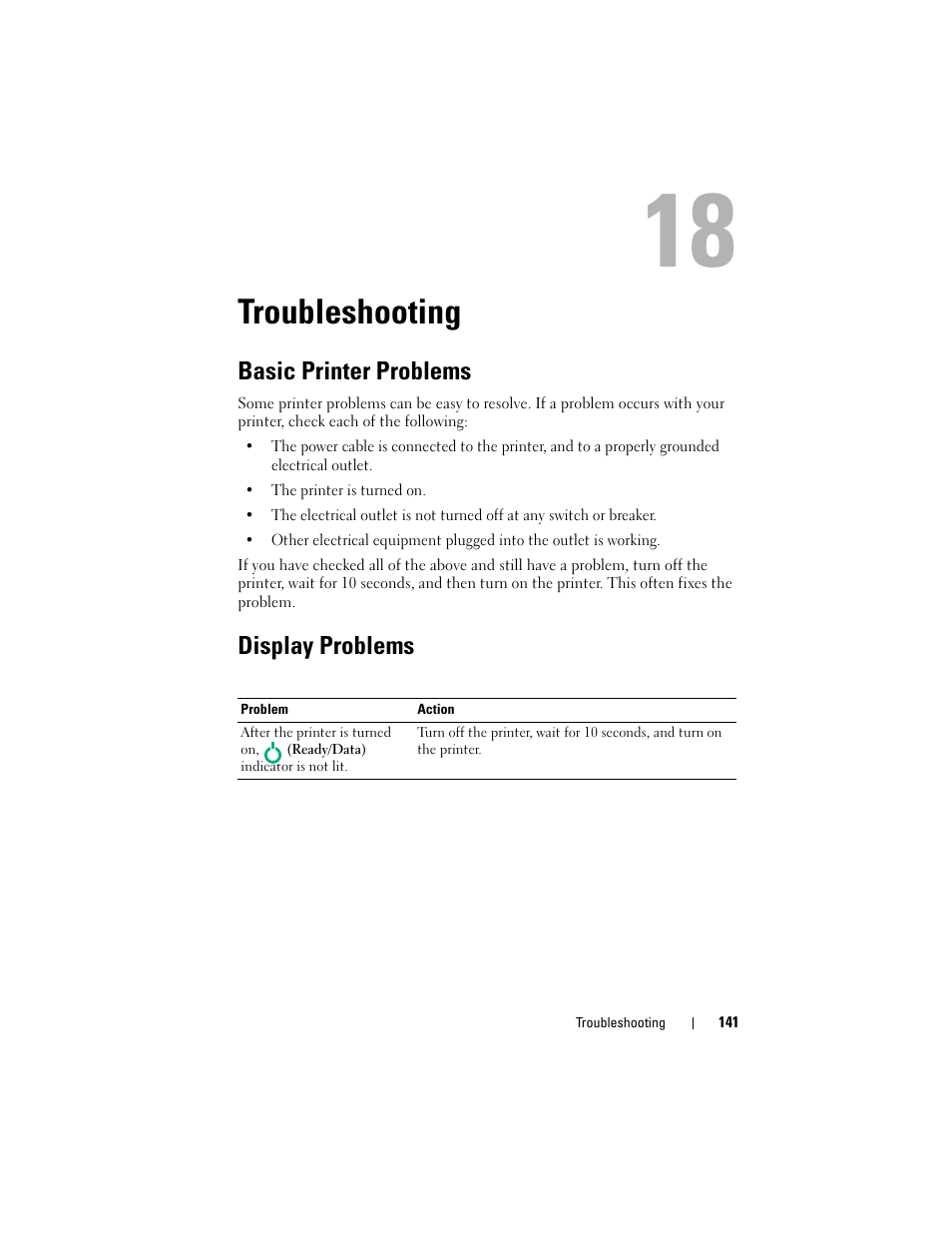 Troubleshooting, Basic printer problems, Display problems | Dell 1250c Color Laser Printer User Manual | Page 143 / 174