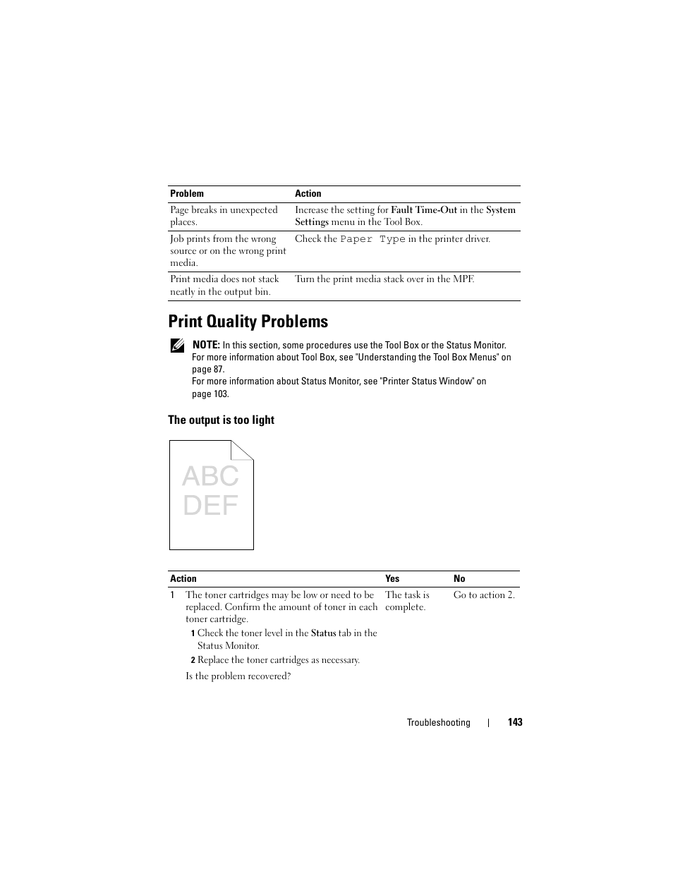 Print quality problems, The output is too light | Dell 1250c Color Laser Printer User Manual | Page 145 / 174