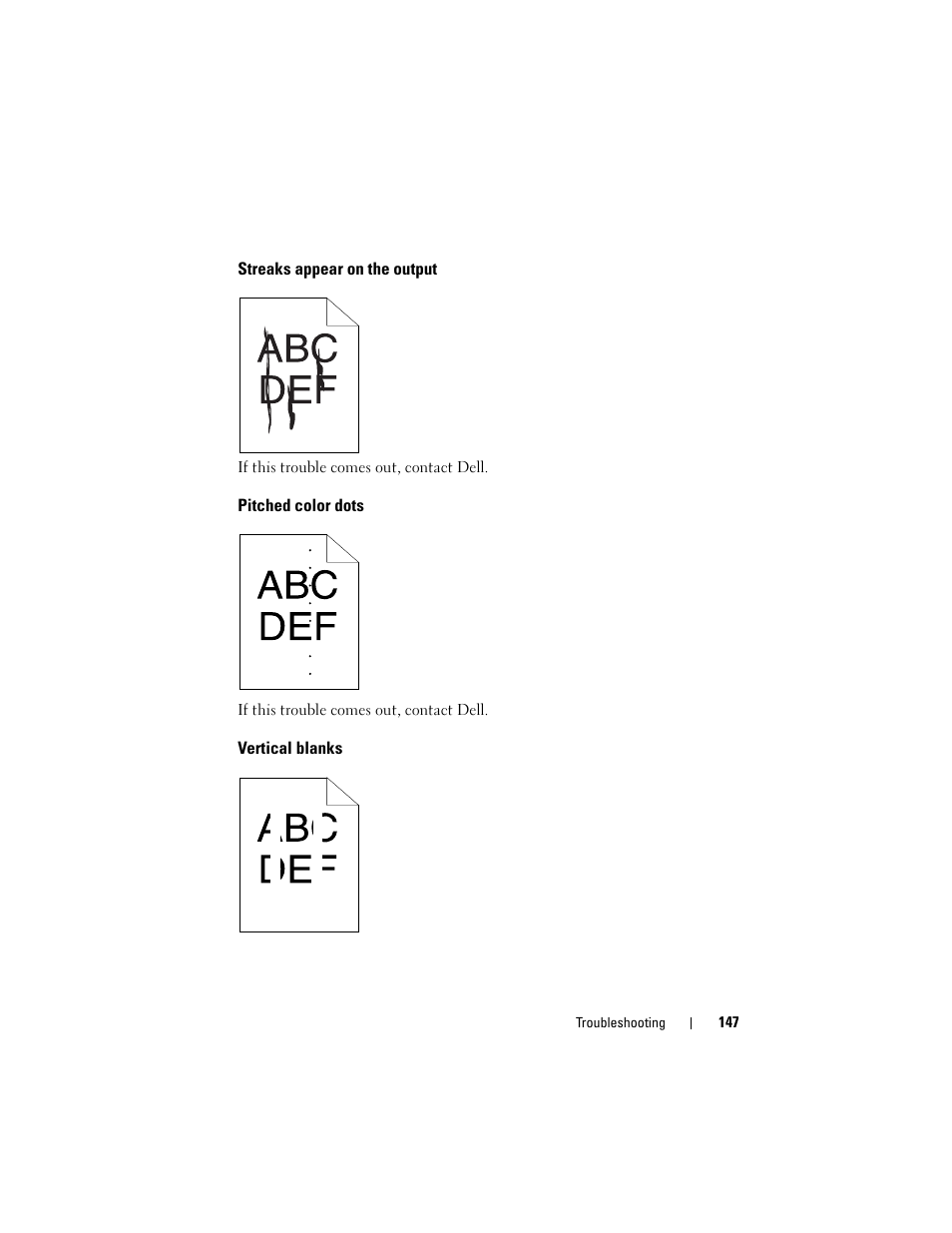 Streaks appear on the output, Pitched color dots, Vertical blanks | Dell 1250c Color Laser Printer User Manual | Page 149 / 174