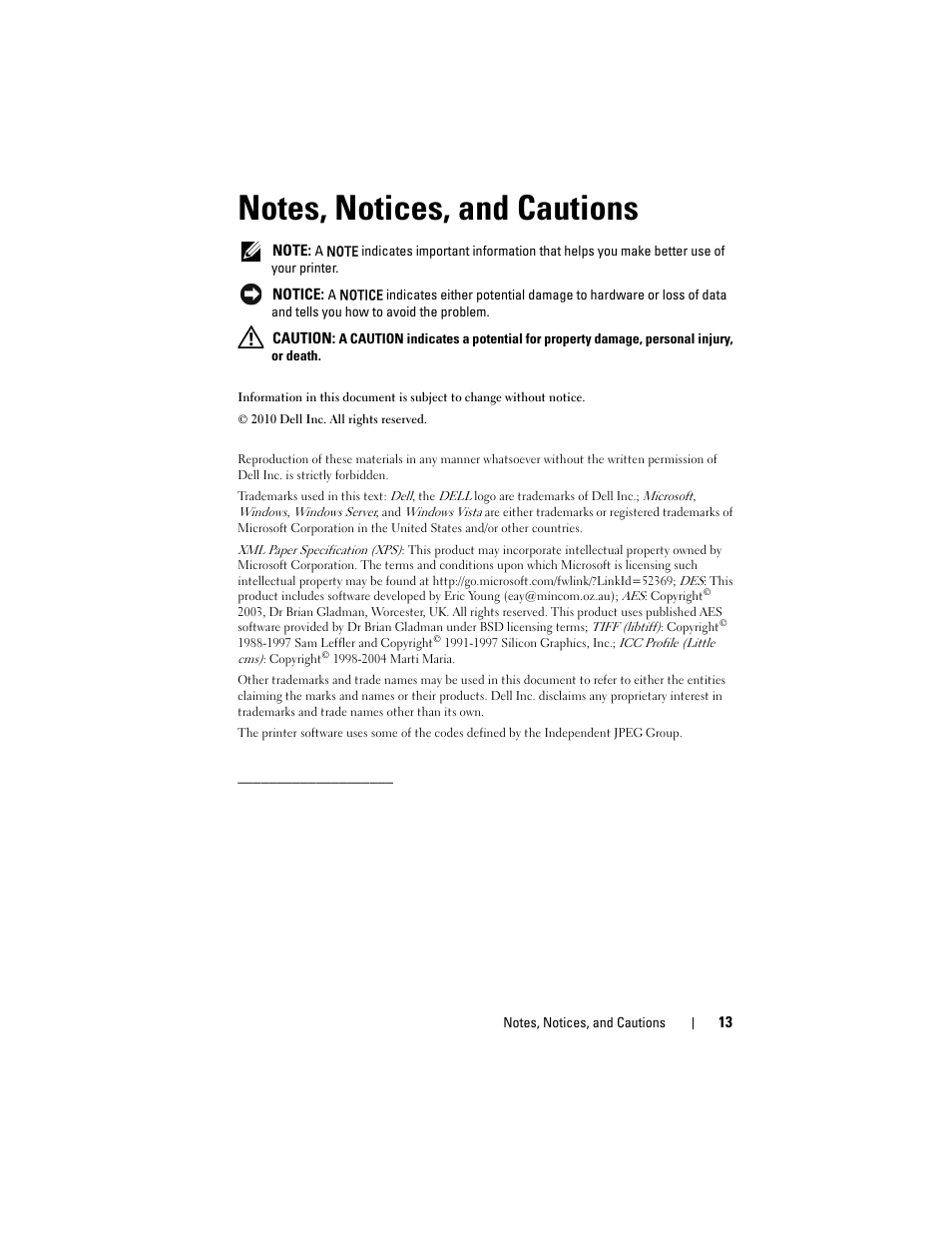 Notes, notices, and cautions | Dell 1250c Color Laser Printer User Manual | Page 15 / 174