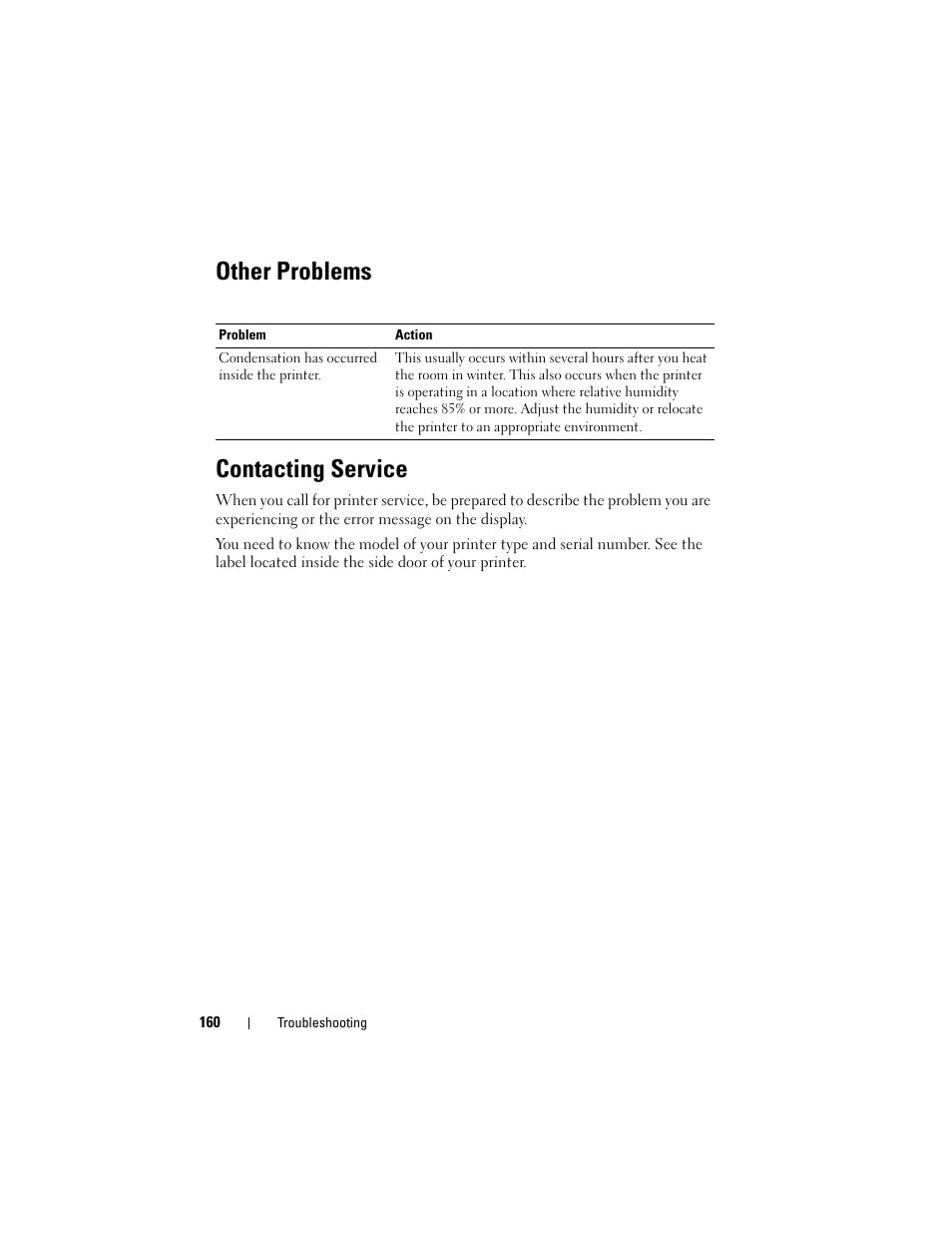 Other problems, Contacting service, Other problems contacting service | Dell 1250c Color Laser Printer User Manual | Page 162 / 174