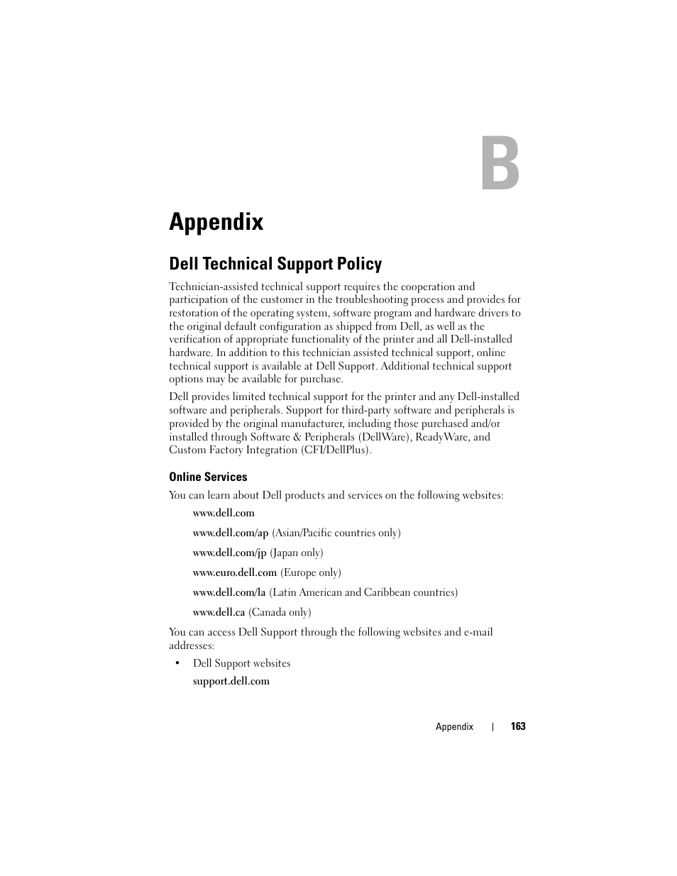 Appendix, Dell technical support policy, Online services | Dell 1250c Color Laser Printer User Manual | Page 165 / 174