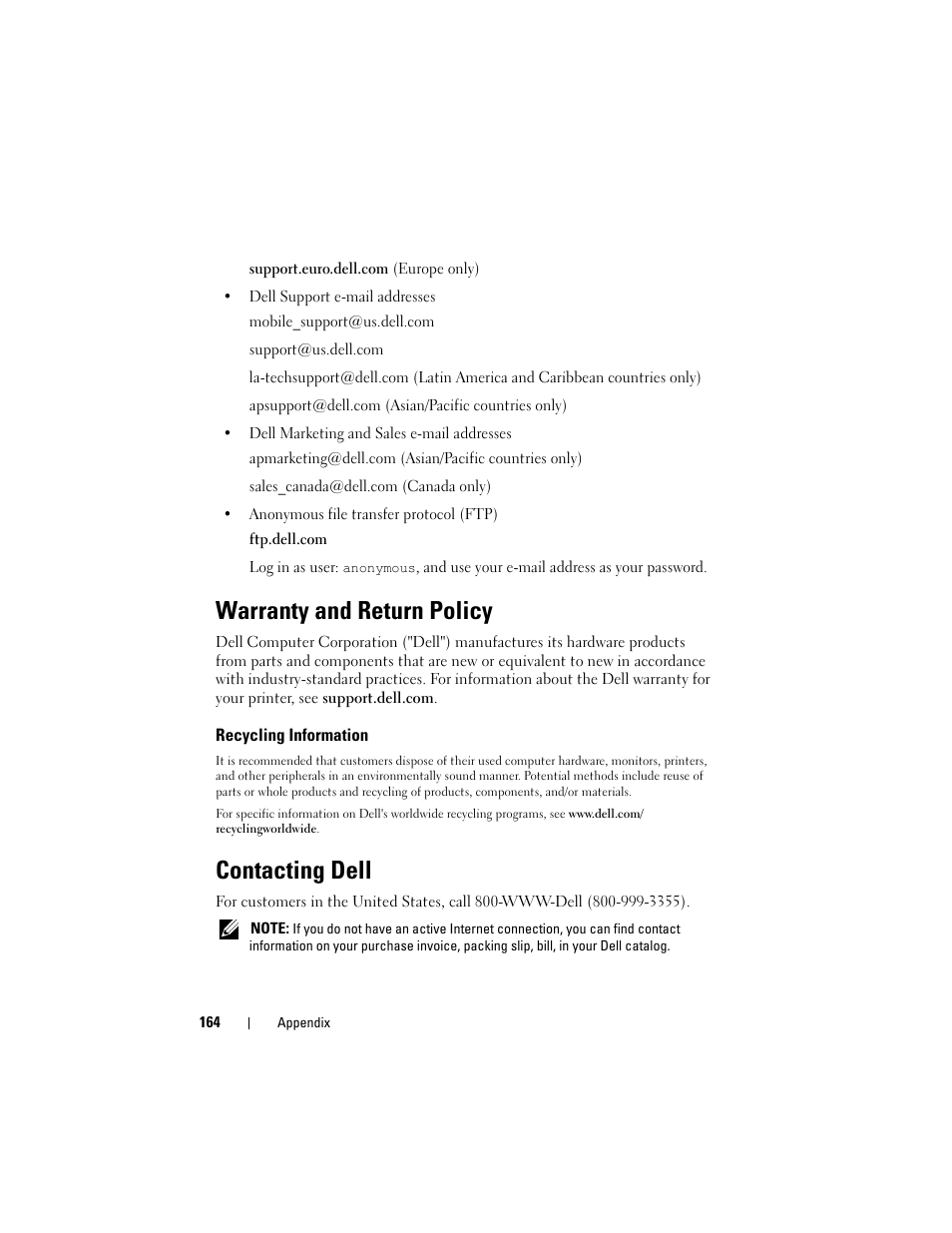 Warranty and return policy, Recycling information, Contacting dell | See "contacting dell" on | Dell 1250c Color Laser Printer User Manual | Page 166 / 174