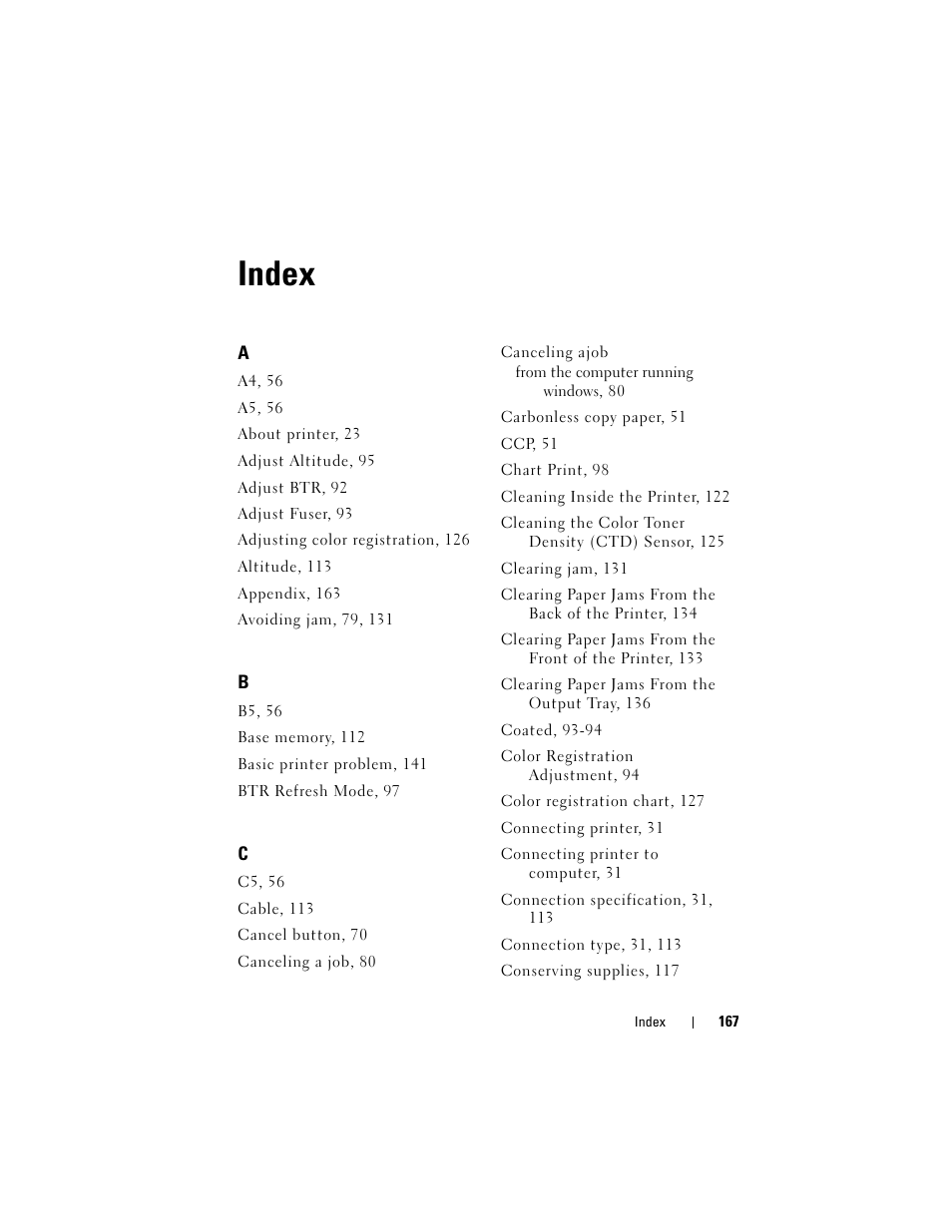 Index | Dell 1250c Color Laser Printer User Manual | Page 169 / 174