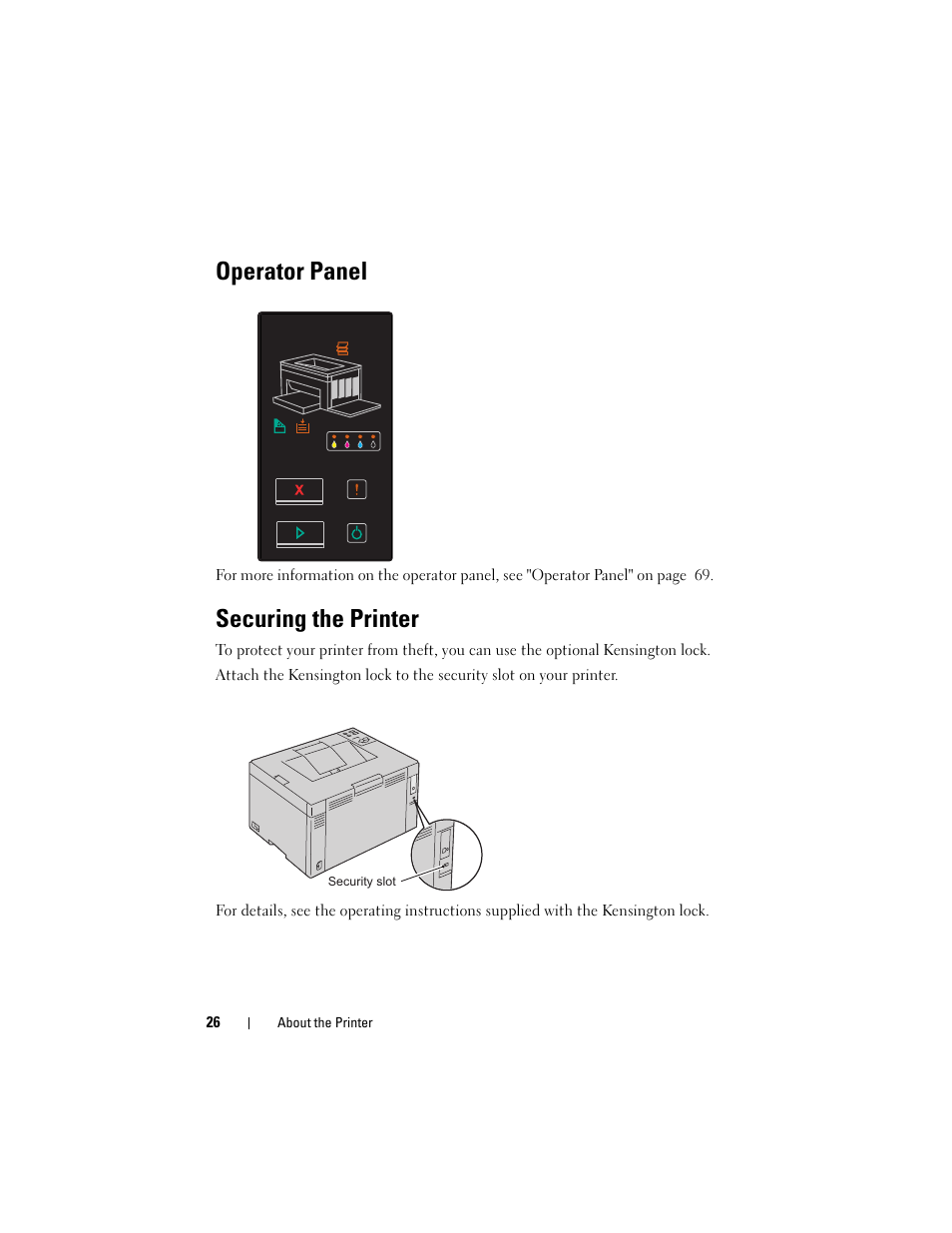 Operator panel, Securing the printer | Dell 1250c Color Laser Printer User Manual | Page 28 / 174