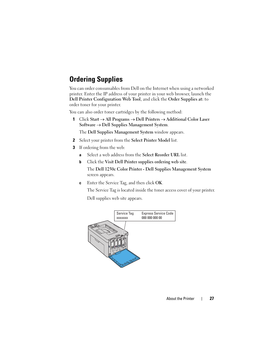 Ordering supplies | Dell 1250c Color Laser Printer User Manual | Page 29 / 174