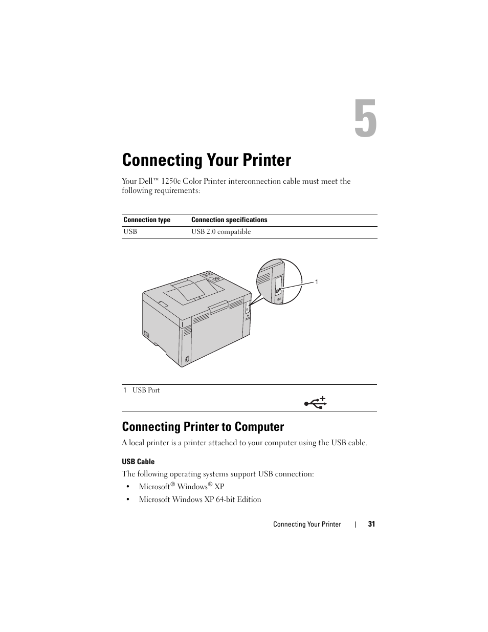 Connecting your printer, Connecting printer to computer | Dell 1250c Color Laser Printer User Manual | Page 33 / 174