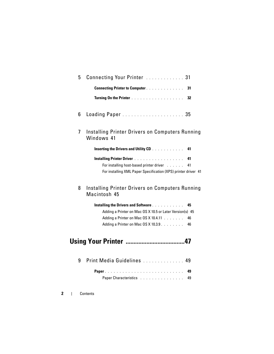 Using your printer, 5 connecting your printer, 6 loading paper | 9 print media guidelines | Dell 1250c Color Laser Printer User Manual | Page 4 / 174