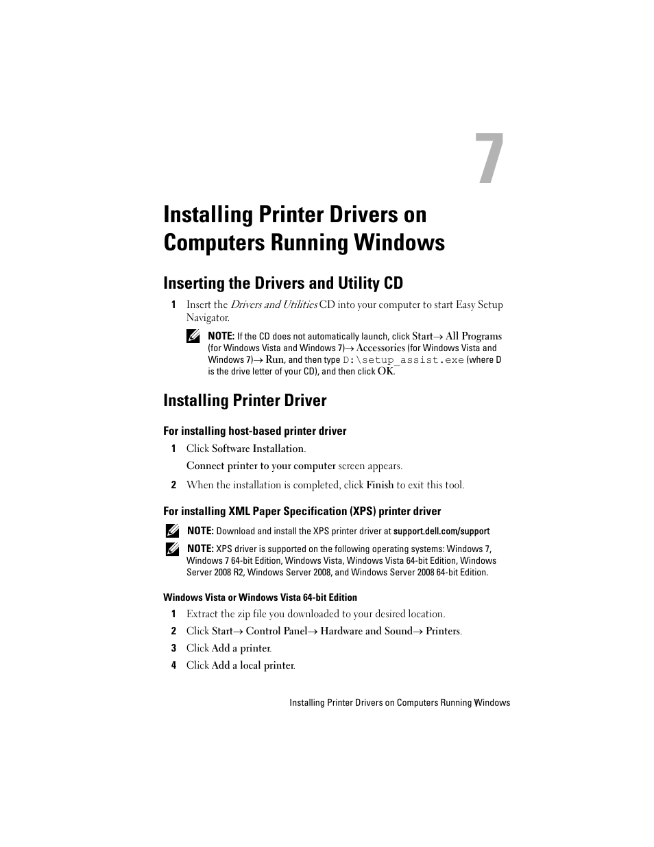 Inserting the drivers and utility cd, Installing printer driver, For installing host-based printer driver | Installing printer drivers on computers running, Windows | Dell 1250c Color Laser Printer User Manual | Page 43 / 174