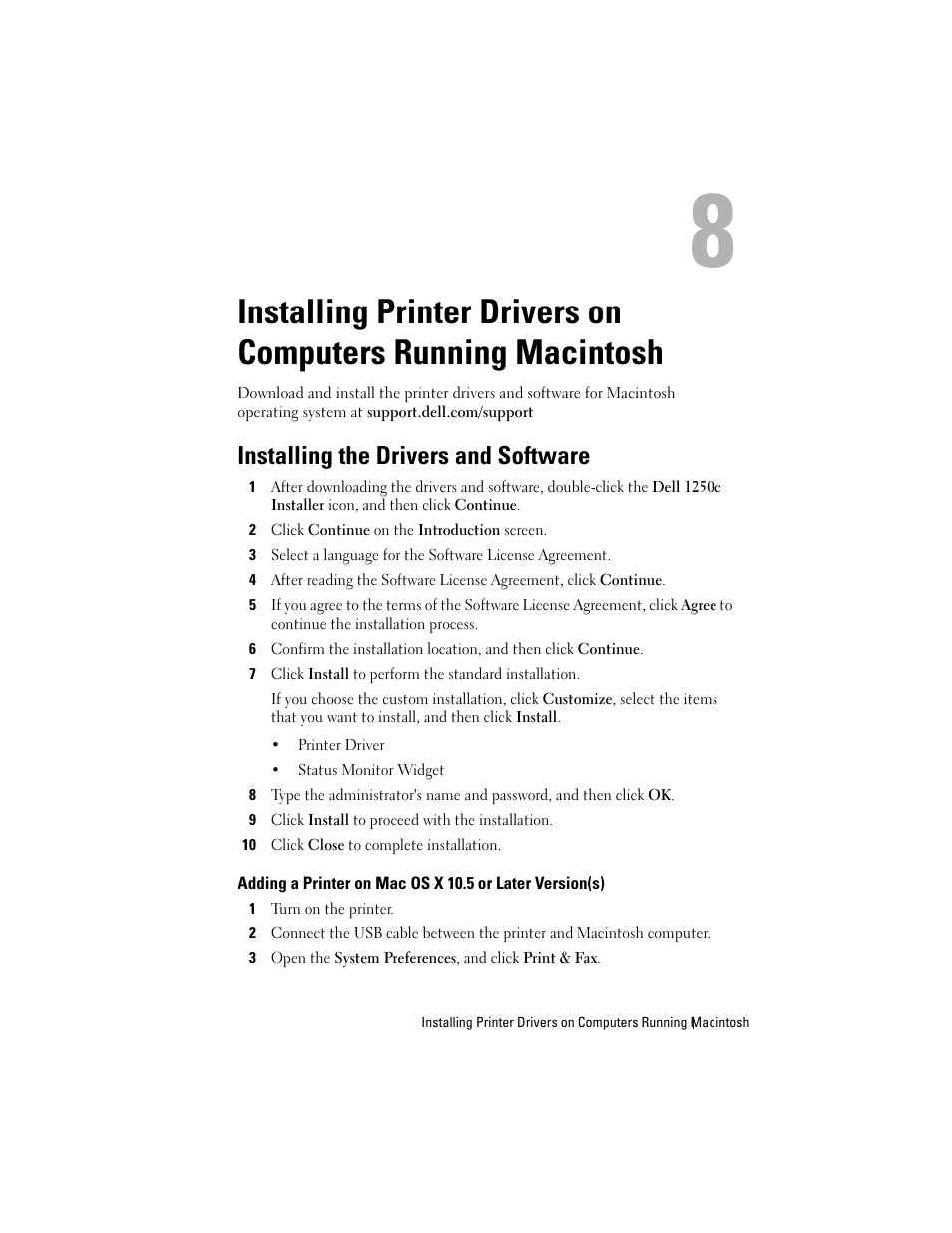 Installing the drivers and software, Installing printer drivers on computers running, Macintosh | Dell 1250c Color Laser Printer User Manual | Page 47 / 174