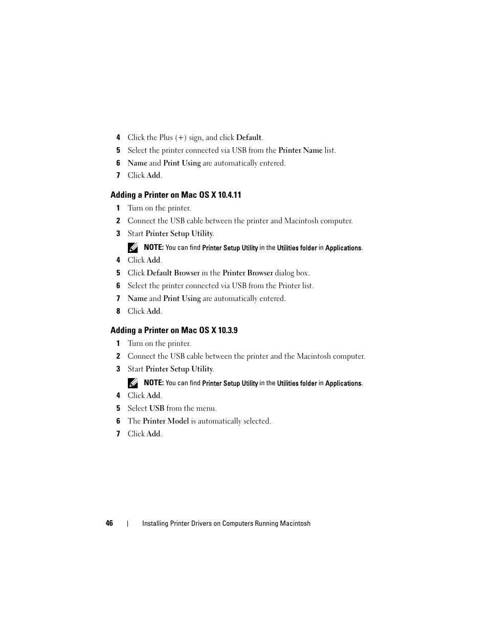 Adding a printer on mac os x 10.4.11, Adding a printer on mac os x 10.3.9 | Dell 1250c Color Laser Printer User Manual | Page 48 / 174