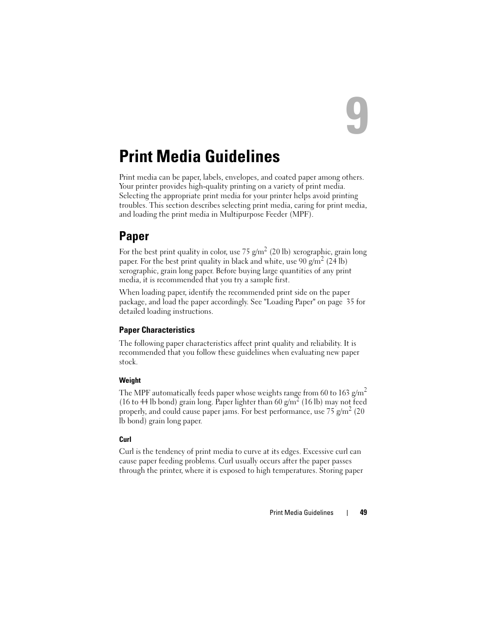 Print media guidelines, Paper, Paper characteristics | Dell 1250c Color Laser Printer User Manual | Page 51 / 174