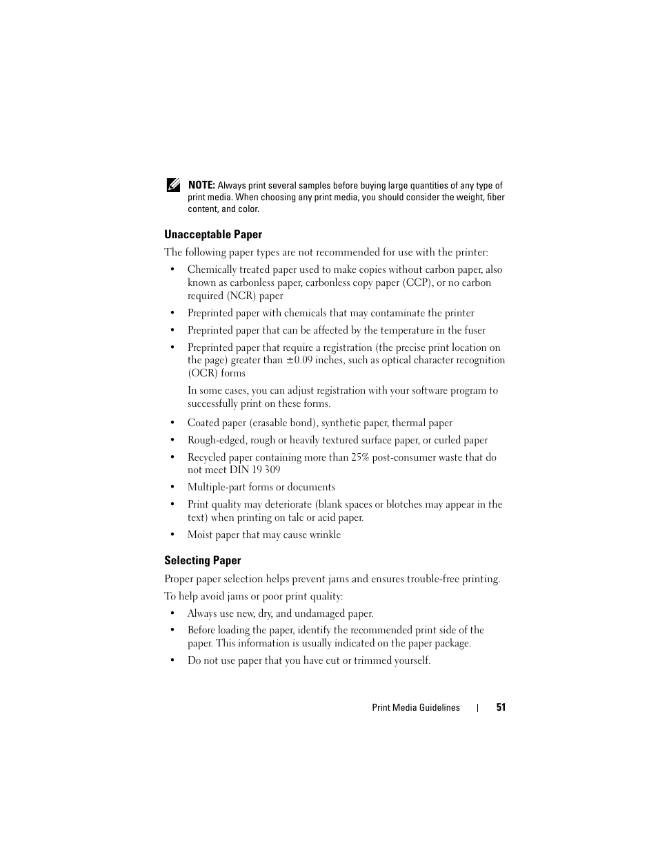 Unacceptable paper, Selecting paper | Dell 1250c Color Laser Printer User Manual | Page 53 / 174