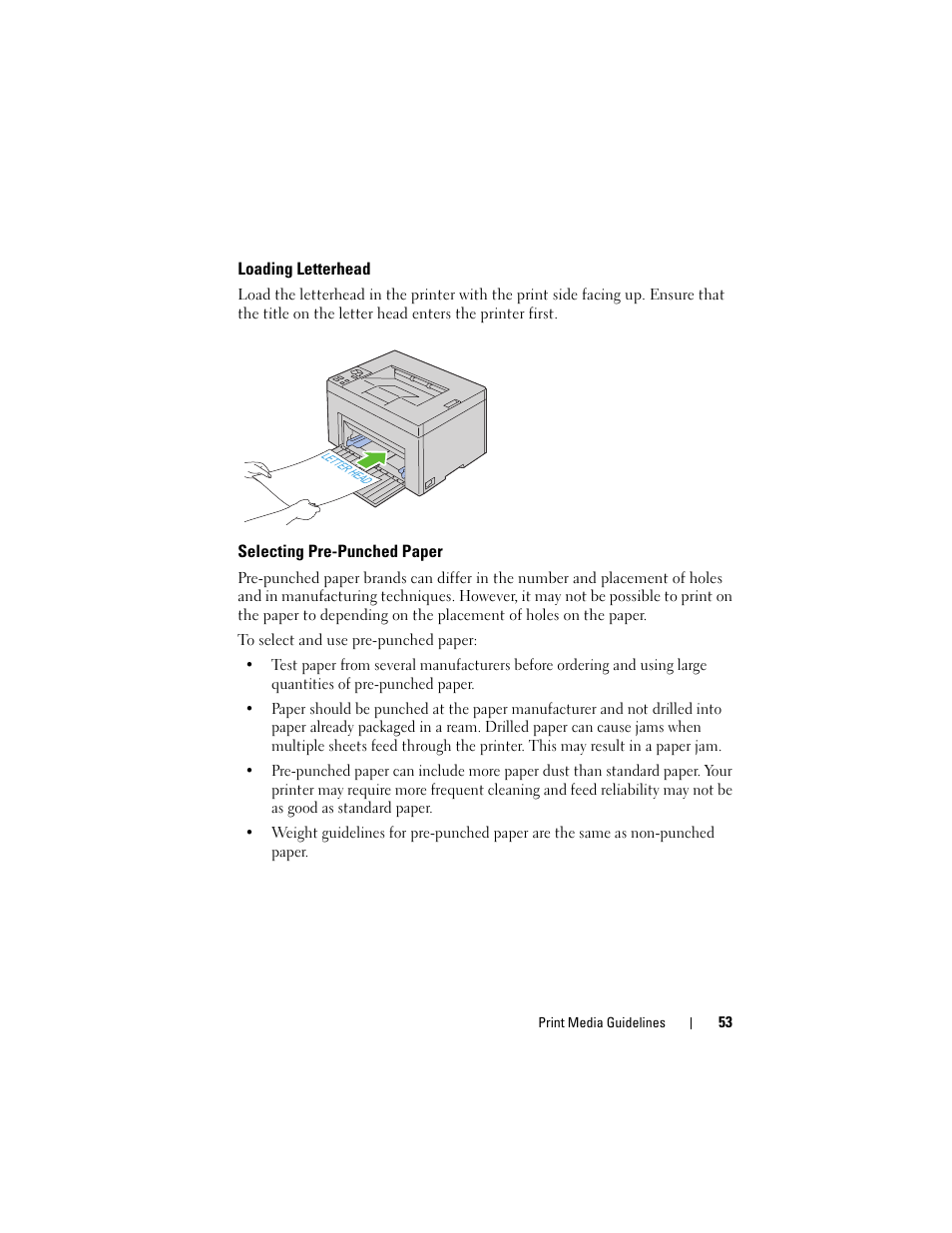 Loading letterhead, Selecting pre-punched paper | Dell 1250c Color Laser Printer User Manual | Page 55 / 174