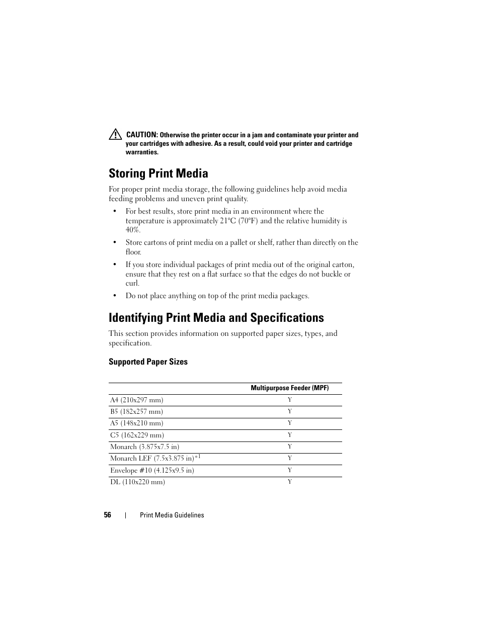 Storing print media, Identifying print media and specifications, Supported paper sizes | Dell 1250c Color Laser Printer User Manual | Page 58 / 174