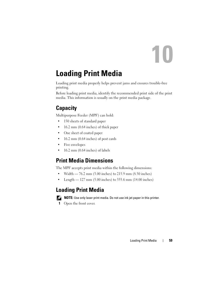 Loading print media, Capacity, Print media dimensions | Dell 1250c Color Laser Printer User Manual | Page 61 / 174