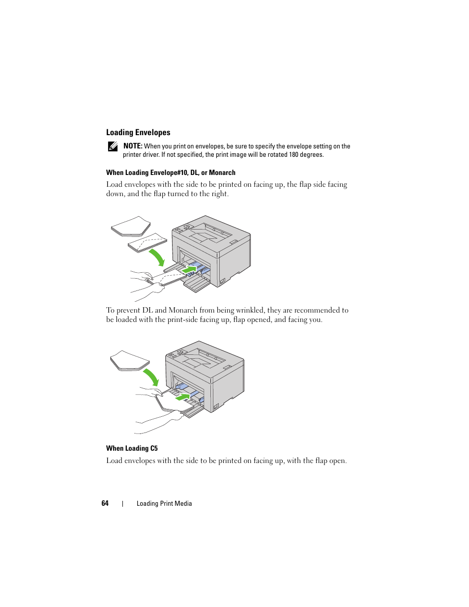 Loading envelopes | Dell 1250c Color Laser Printer User Manual | Page 66 / 174