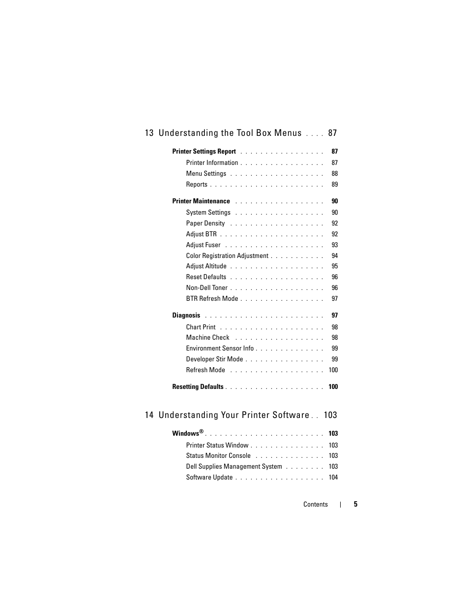 13 understanding the tool box menus, 14 understanding your printer software | Dell 1250c Color Laser Printer User Manual | Page 7 / 174