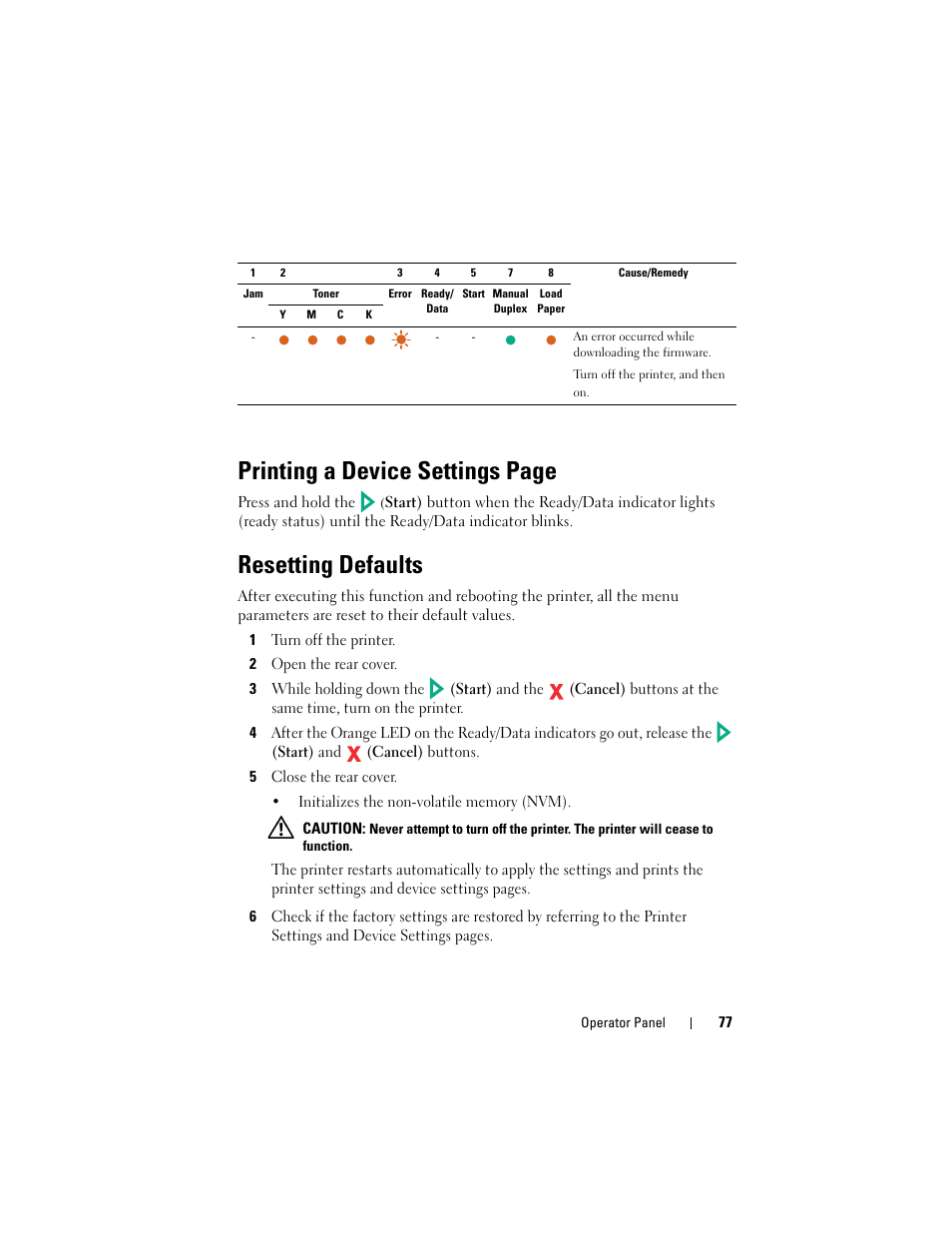 Resetting defaults, Printing a device settings page | Dell 1250c Color Laser Printer User Manual | Page 79 / 174