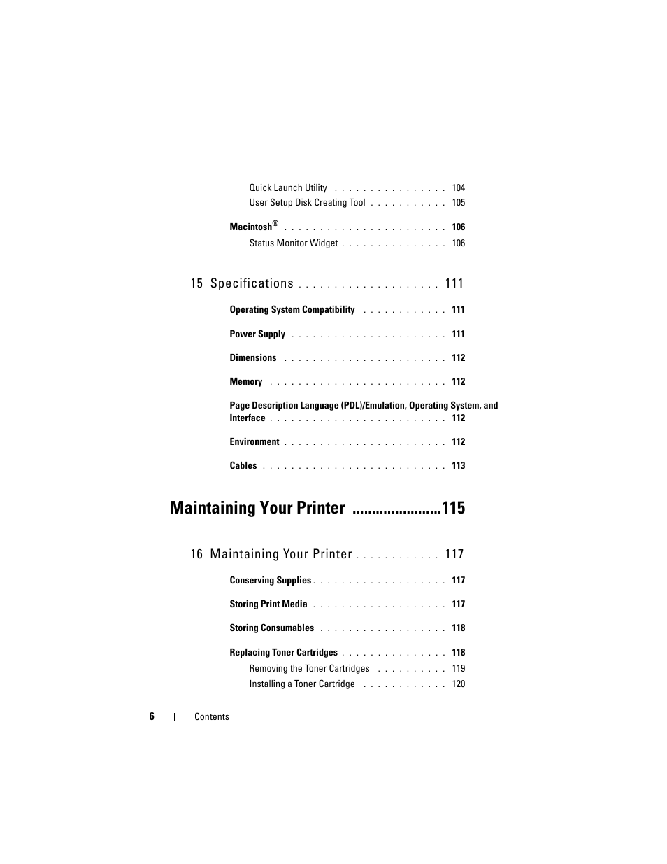 Maintaining your printer, 15 specifications, 16 maintaining your printer | Dell 1250c Color Laser Printer User Manual | Page 8 / 174