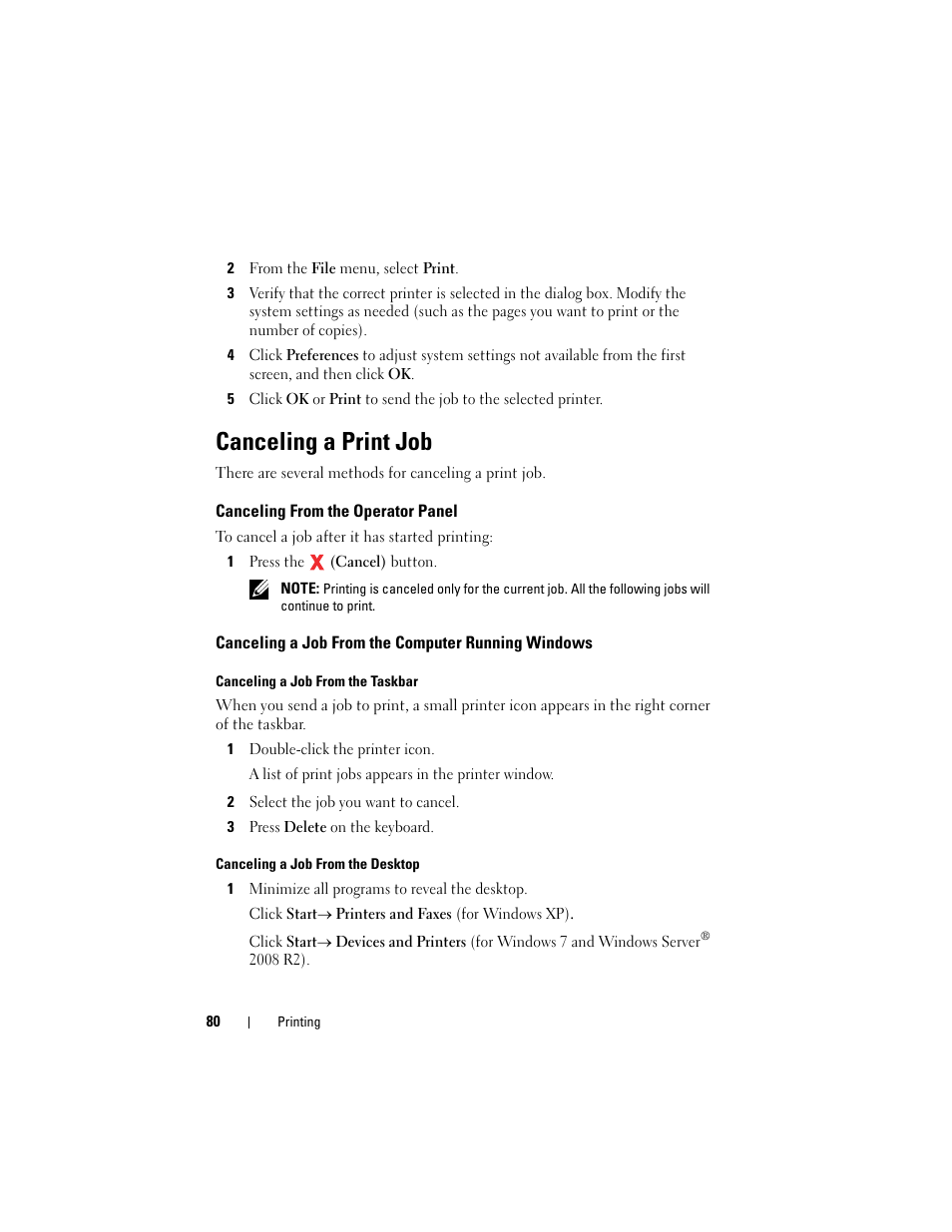 Canceling a print job, Canceling from the operator panel, Canceling a job from the computer running windows | Dell 1250c Color Laser Printer User Manual | Page 82 / 174