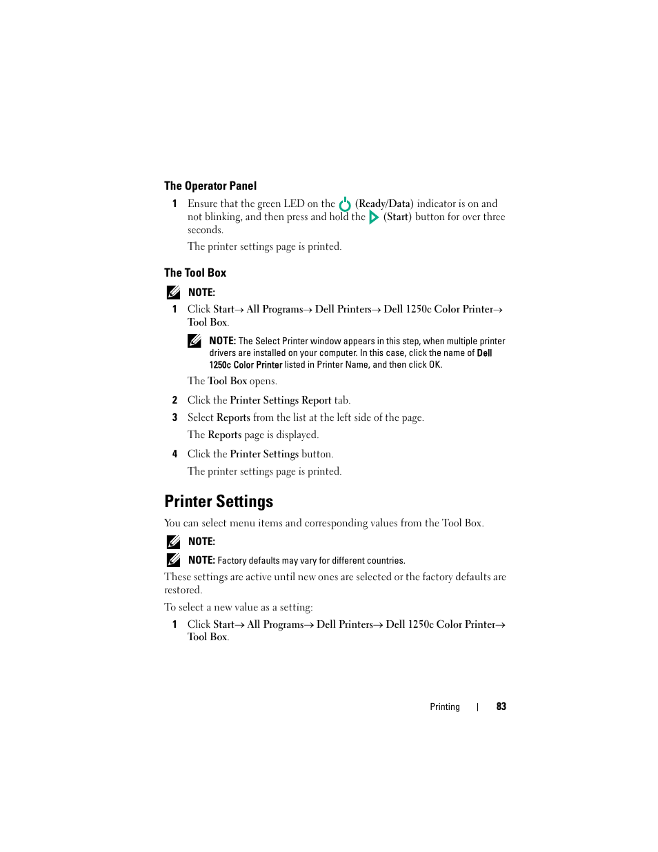 The operator panel, The tool box, Printer settings | Dell 1250c Color Laser Printer User Manual | Page 85 / 174