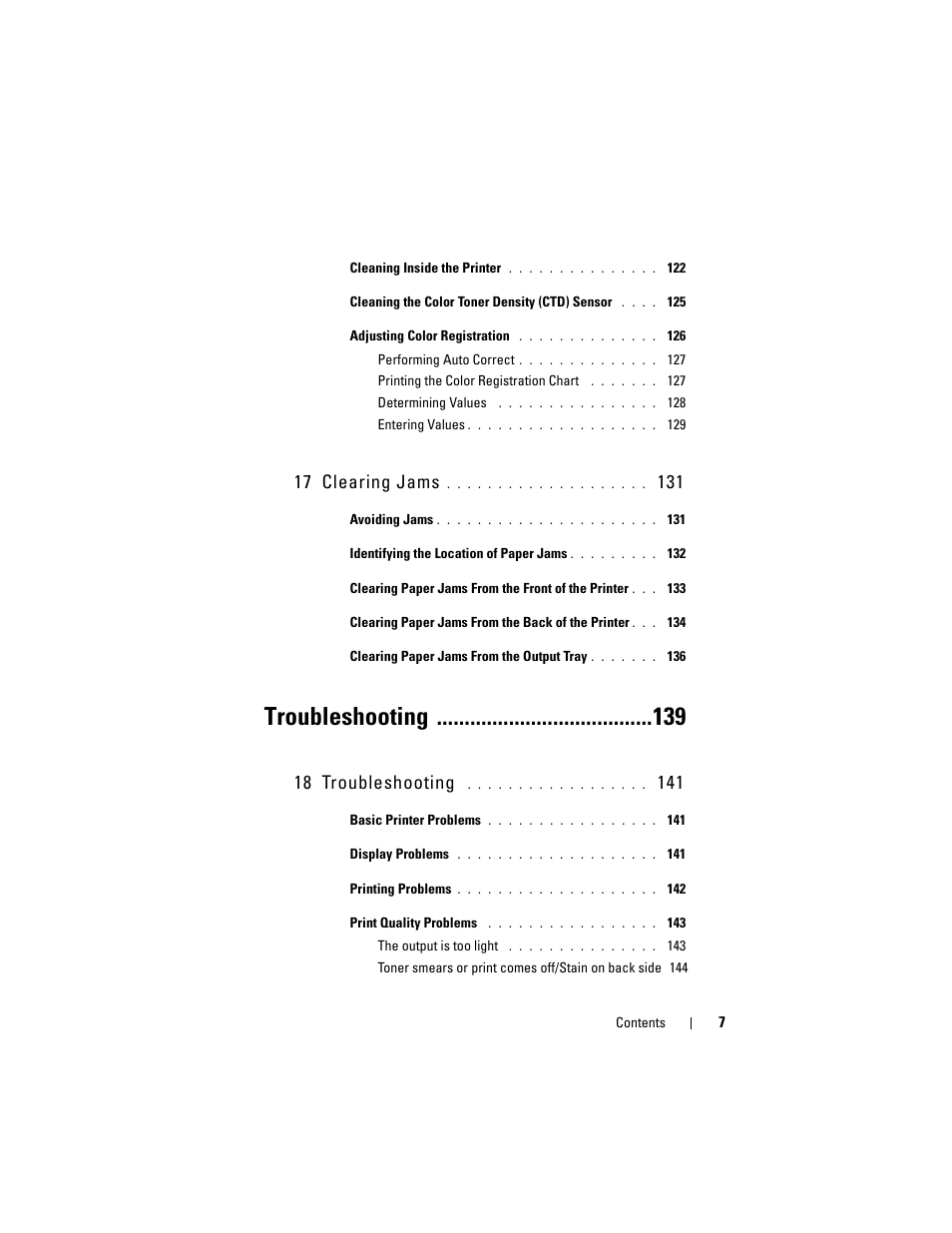 Troubleshooting, 17 clearing jams, 18 troubleshooting | Dell 1250c Color Laser Printer User Manual | Page 9 / 174